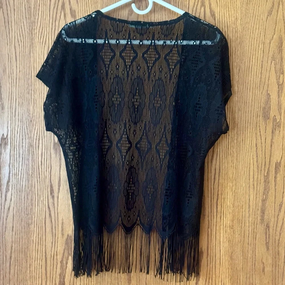 Black Lace Kimono Fringe Hem Boho Festival Cover Up S/M